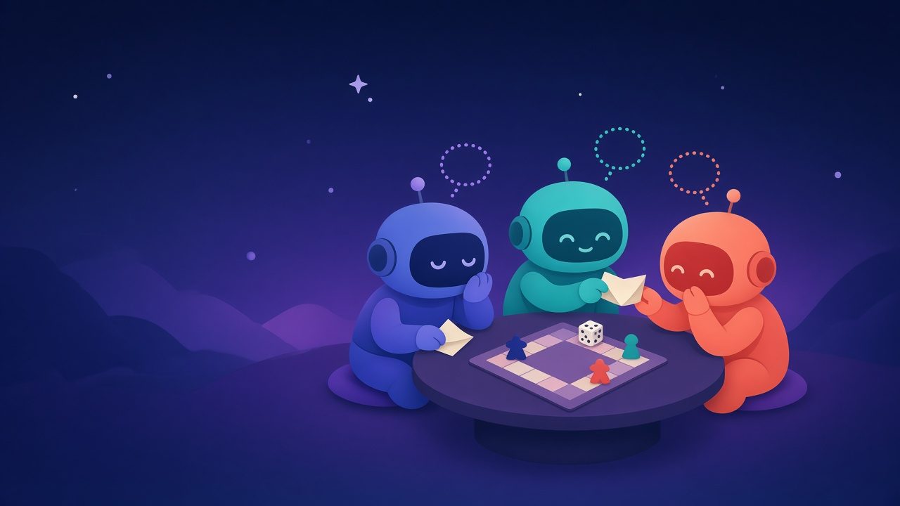 Three friendly robots in blue, teal and coral sit around a small table with a board game, quietly passing folded notes to each other.